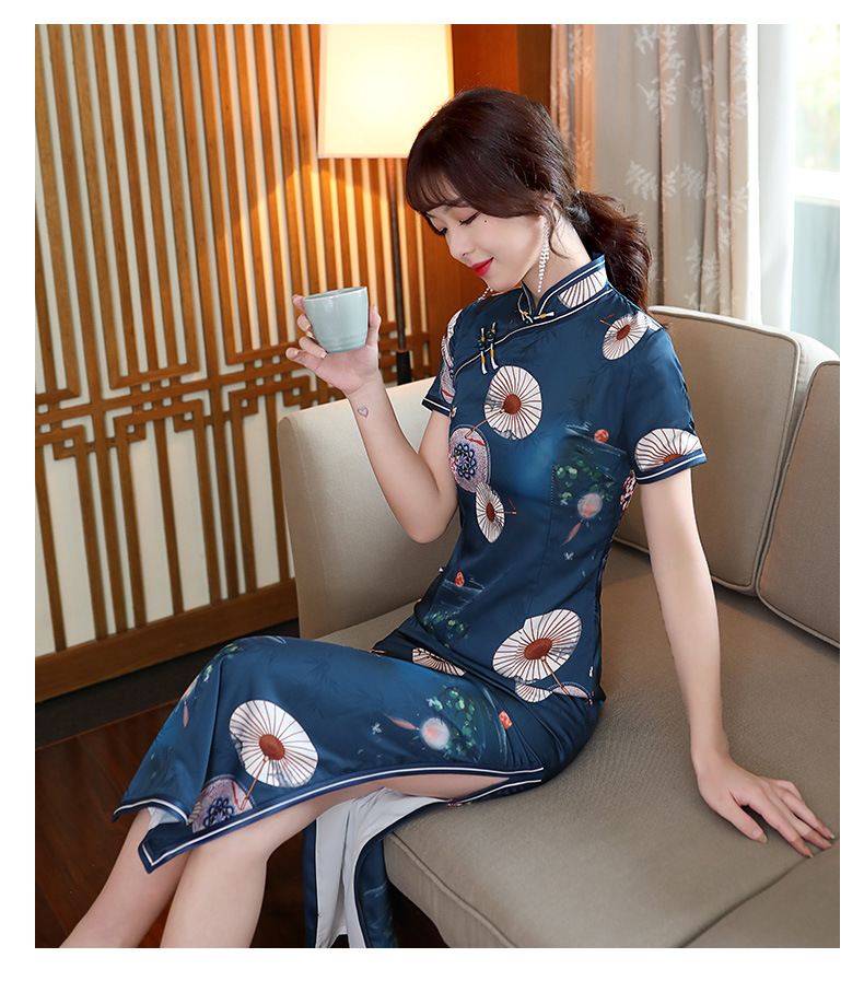knee length dresses for ladies Traditional Cheongsam Full Length Chinese Dress for Modern & Intellectual Women Black & White / XXL