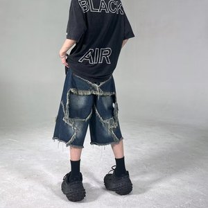 Shorts en jean pour homme coupe droite taille mi-haute, style Hip Hop Vintage, effet usé, streetwear, été, bords effilochés - Product Image 4