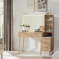 Grand miroir éclairé de bureau de maquillage de vanité moderne et coiffeuse de lumières avec 5 tiroirs et étagères, dessus en verre pour chambre à coucher, chêne