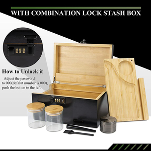 Extra Large Black Painted <strong>Wooden</strong> Bamboo <strong>Storage</strong> Stash <strong>Box</strong> Smell Proof Jar Bamboo Stash <strong>Box</strong> with Rolling Tray and Combo Lock - Product Image 4