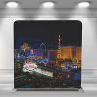 Stand Lipat Aluminium Cepat Pasang dengan Desain Kain Tension Kustom, Cover Sarung Bantal Latar Belakang Foto Booth Kota Las Vegas Malam Hari untuk Acara