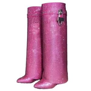 รองเท้าส้นสูงผู้หญิงหัวแหลมทรงถังยาว, รองเท้าส้นเตารีดหนังแท้เพิ่มความสูงความสูงความสูงรองเท้าบูทหุ้มข้อแบบสวมหัว - Product Image 5