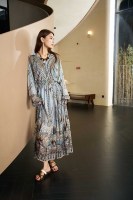 Robe longue bohème en mousseline imprimée pour femme, col en V, manches lanternes, col en crochet fait main, taille haute, perles, longue, pour l'été et la plage