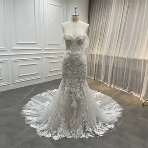 2024 Detachable Off Shoulder Sleeves Sweetheart Mermaid Beaded Lace Champagne Wedding Dress