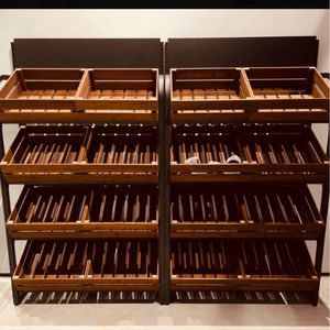 Étagère de présentation robuste à 4 niveaux en fer et bois avec 8 paniers pour fruits et légumes de supermarché, rayonnage commercial pour produits <span class=keywords><strong>frais</strong></span> - Product Image 5