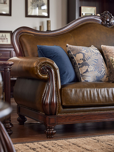 American <b>Style</b> Solid Wood Cherry Wooden <b>Head</b> Layer Oil Wax Leather Villa Living Room Four Seat Retro Log Furniture Jiangsu Ameri - Product Image 5