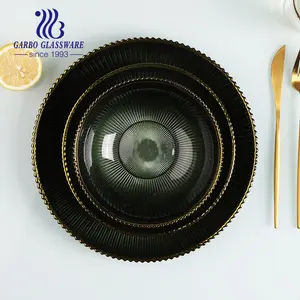 China hand made good quality glassware centrifugal craft highend design gold plated glass dinner plate rice noodle 8inch plate