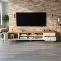 Meuble TV scandinave bicolore avec porte coulissante, rangement ouvert, pieds en bois robustes, console multimédia minimaliste pour salon