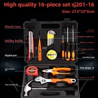 Ensemble d'outils combinés en acier au carbone de 16 pièces avec stylo testeur électrique, clé hexagonale, marteau, pinces, ruban à mesurer