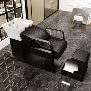 Cama de Lavado Semi-Reclinable de Alta Gama para Salón, con Lavabo de Cerámica, Tapicería de Cuero, Espacio de Almacenamiento y Diseño Personalizable para Barberías - Product Image 4