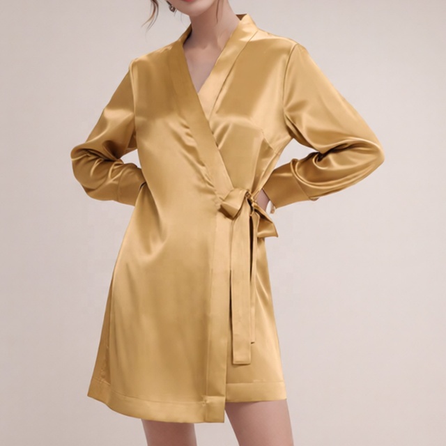 100% 22mm Mulberry Silk Golden Silk Wrap Robe for Women - Luxury Silky Loungewear Nightgown Skin-Friendly & Breathable