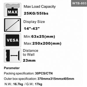 Produttore WTB-803 interno 14 "-43" 25kg metallo <span class=keywords><strong>TV</strong></span> Fix <span class=keywords><strong>cornice</strong></span> <span class=keywords><strong>TV</strong></span> staffa di vendita calda LED LCD supporto - Product Image 4