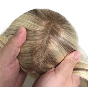Topper de <span class=keywords><strong>cheveux</strong></span> humains russes de haute qualité, 5.5*6.6, en dentelle suisse, brun cendré balayage, densité 130%, mélange naturel avec vos propres <span class=keywords><strong>cheveux</strong></span> - Product Image 5
