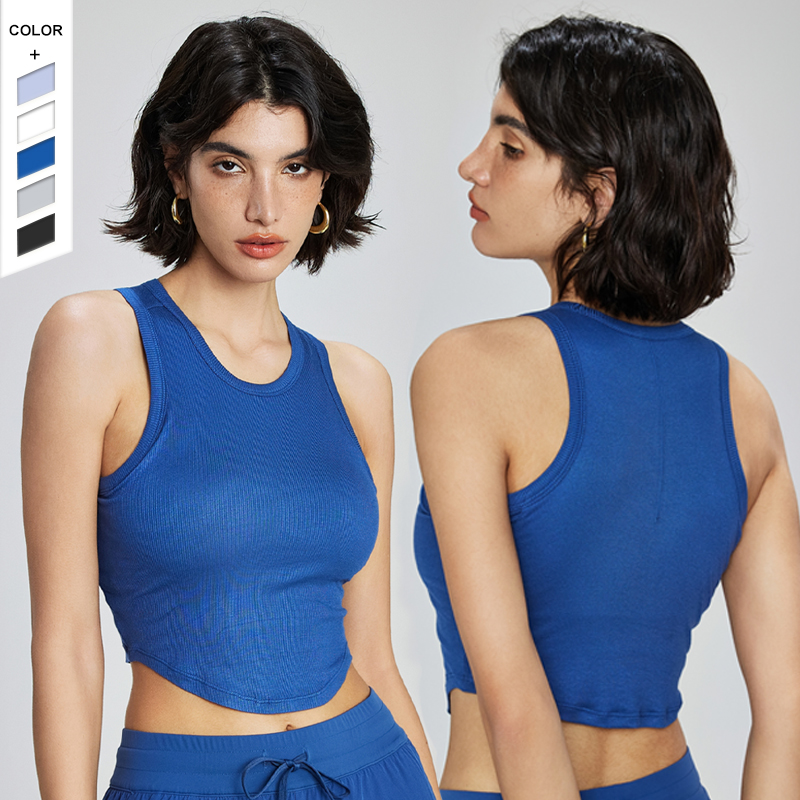 Wholesale Modal Ribbed Nude Yoga Vest Women's Summer Short Fitness Bra Round Neck Semi-fixed Sports Bra Summer Style