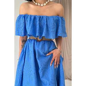Vestido maxi azul bebé bordado con hombros descubiertos, corte en A con hombros elásticos para adultos, vestidos de fiesta. - Product Image 2
