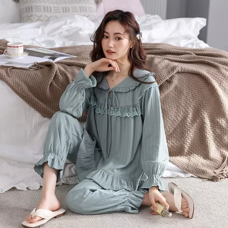 Soft Pajamas Set for Women Cotton PJ Set Ladies Pyjamas 2 Piece Night Suit Jersey Round Neck Label Service Knitted 100% Cotton