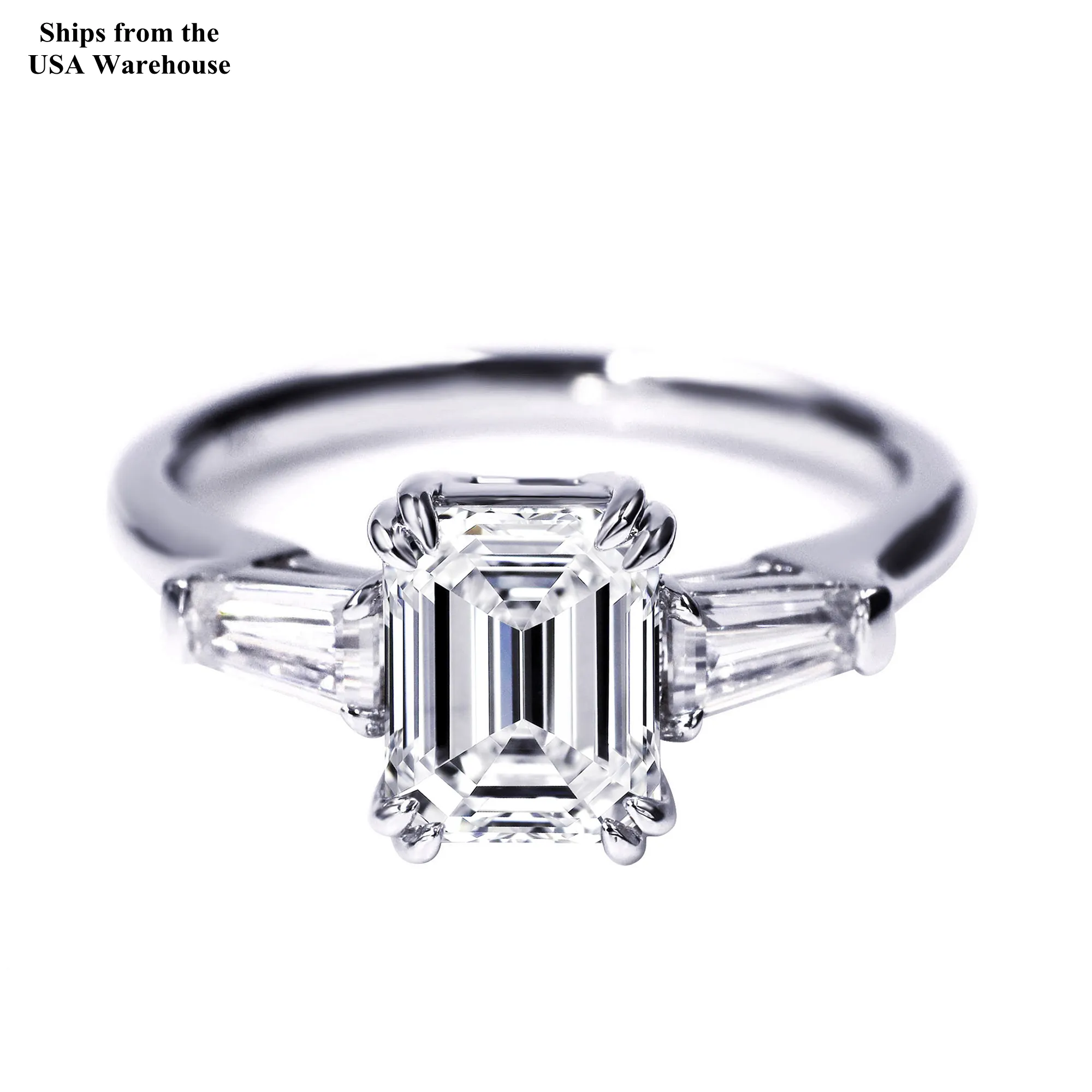 Tianyu USA Amazon FBA Shipping Women Engagement 18K Gold Plated 3CT 3 Stone Moissanite Emerald Cut 925 Sterling Silver Rings