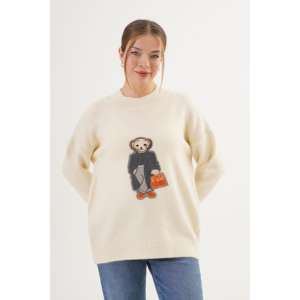 เสื้อสเวตเตอร์ถักคอวีปักลายหมีเท็ดดี้สีครีมสำหรับผู้หญิง สไตล์เกาหลีลำลอง พิมพ์ลาย เสื้อผ้าตัวยาว ขายส่ง - Product Image 5