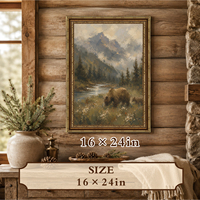 Tableau sur toile encadré or vintage orné, Peinture à l'huile Mère et jeune ours, Montagne, Rivière, Forêt, Décoration rustique pour cabane de prairie OEM ODM