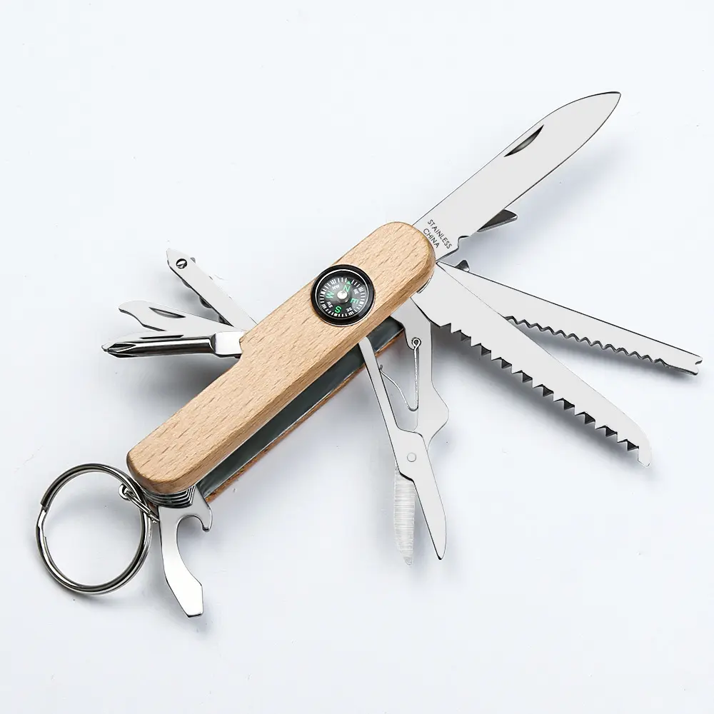 Couteau suisse de poche multi-outils avec manche en bois et ouvre-bouteille, boussole, camping en plein air, vente en gros