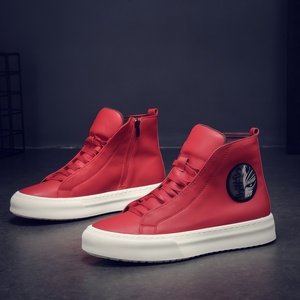 Bottes d'hiver montantes pour hommes grandes tailles ; Baskets décontractées style skate ; Chaussures en cuir à semelle souple, tendance jeune rouge - Product Image 3