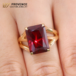Anillo de oro amarillo macizo de 10k, 14k, 18k de PROVENCE, de alta calidad, con rubí de laboratorio de corte radiante color sangre de paloma, regalo de aniversario para chicas. - Product Image 1