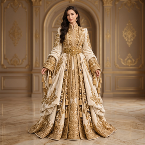 Elegant Embroidered Faux Fur Modest <b>Abaya</b> <b>Dress</b> Stand Collar Long Sleeve Floor Length Geometric Pattern Flared Hem Middle East - Product Image 2