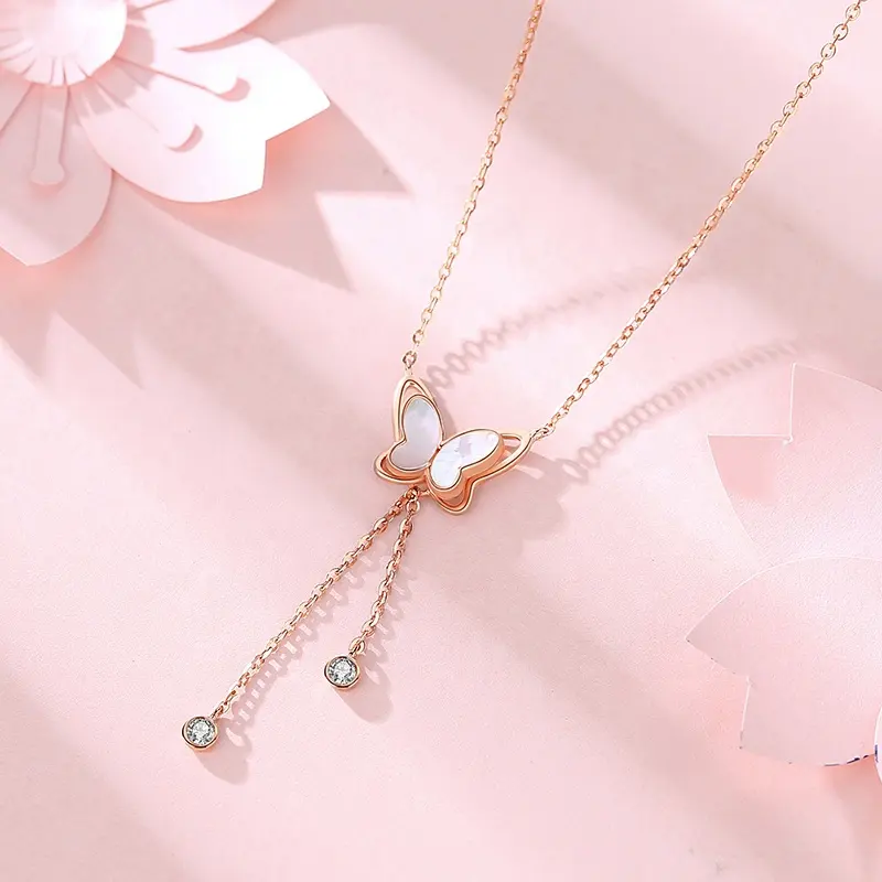 Dropshipping VANA Accessories Pink Jewelry Necklace Silver 925 Pendant Butterfly Necklace