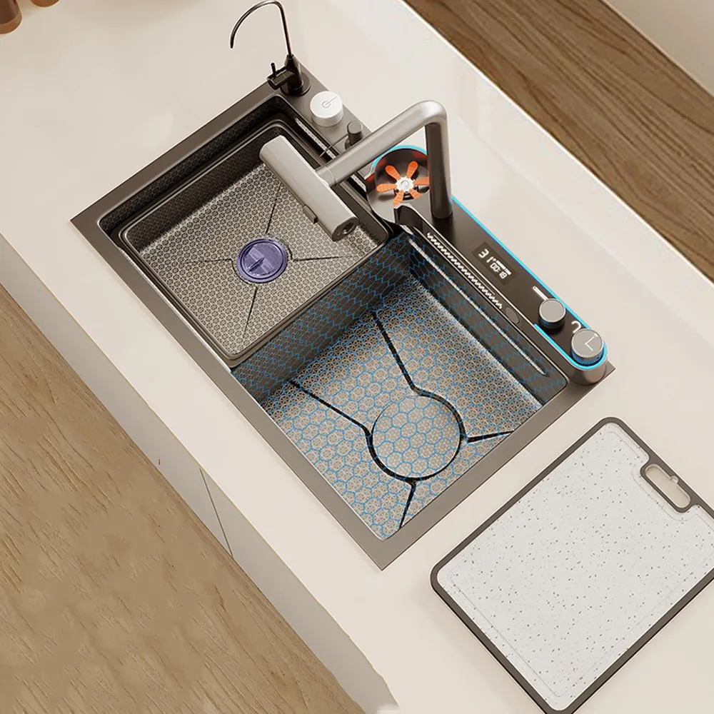 Tiktok Smart moderne grand unique multifonction Sus304 anti-rayures Led affichage numérique cascade évier de cuisine avec lavage de tasse