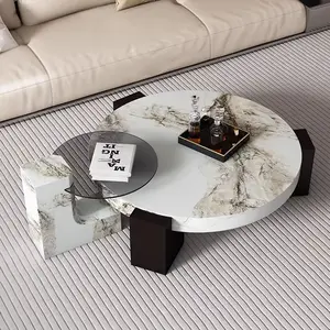 Modern Unique Ceramic Top Round Coffee Table Set Oak Leg Living Room Side Center Coffee Table