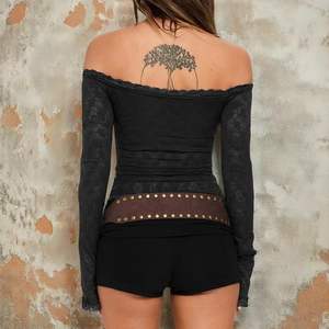 Haut à manches longues et épaules dénudées avec dentelle pour femme, noir, en spandex et polyester doux, coupe courte, style épaules dénudées - Product Image 5