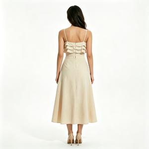 Elegante Abito Midi Beige con Spalline Sottili, Volant, Cintura Annodabile e Spacco Frontale per Donna, Ideale per Feste Estive e Cocktail - Product Image 3