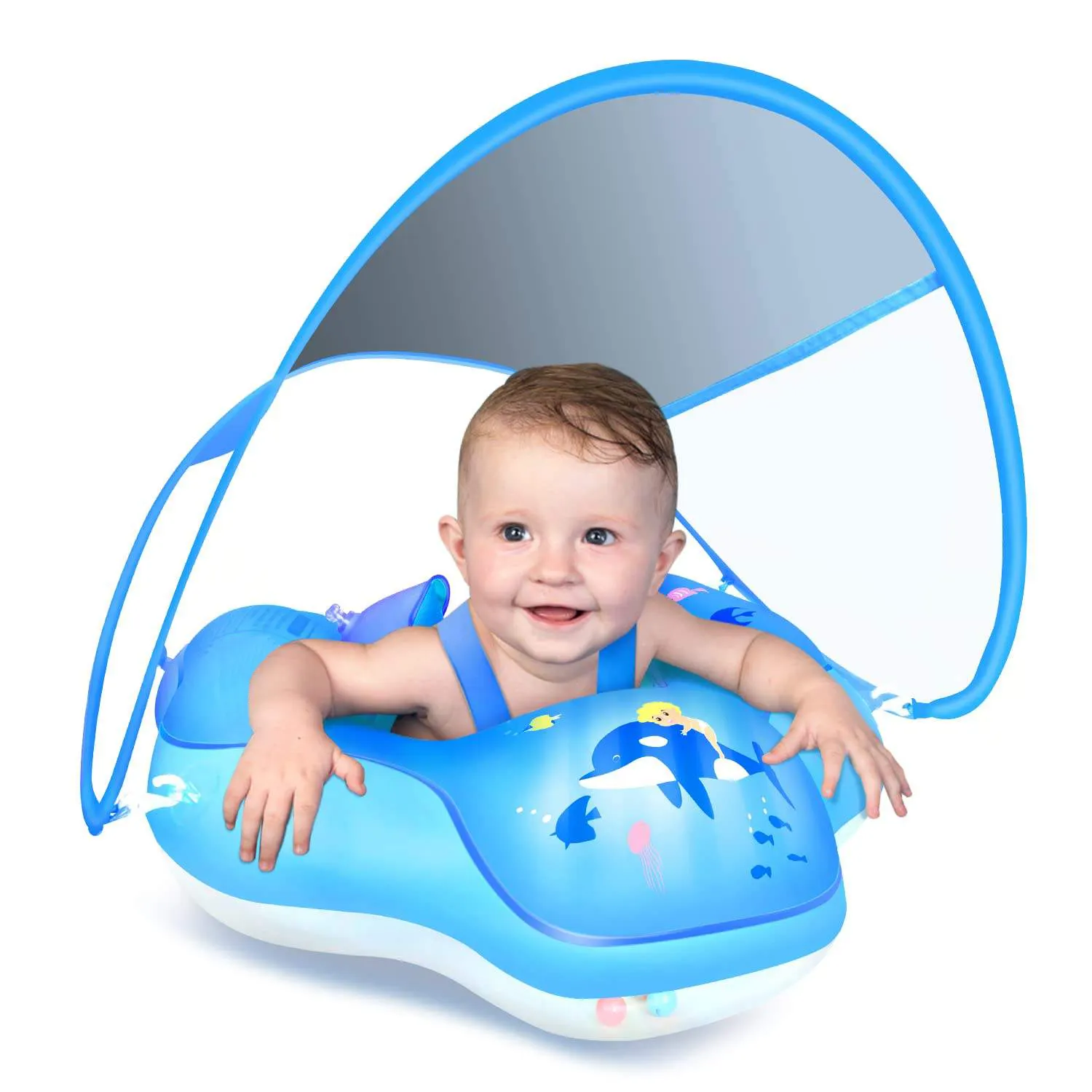 Baby Swimming Float Inflatable Pool Float Ring with Sun Protection Canopy,add Tail no flip Over for Age of 3-36 Months