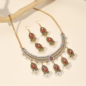 Conjunto <span class=keywords><strong>de</strong></span> collar y pendientes <span class=keywords><strong>de</strong></span> cristal Rosa Vintage, accesorios para mujer, conjunto <span class=keywords><strong>de</strong></span> joyería <span class=keywords><strong>de</strong></span> <span class=keywords><strong>perlas</strong></span> <span class=keywords><strong>de</strong></span> oro antiguo étnico - Product Image 4