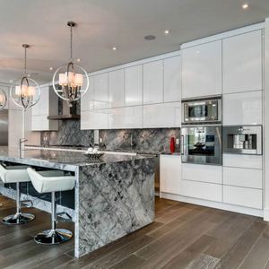 Ensembles complets de meubles de cuisine modulaires modernes avec robinet et charnières en MDF stratifié imitation marbre - Écologique - Product Image 1