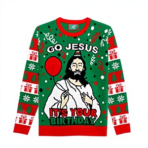 Pull de Noël moche unisexe en tricot écologique pour l'automne, motif lettres, col rond, 'Go Jesus It's Your Birthday', multicolore - Product Image 3