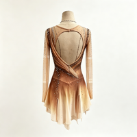 Robe de patinage artistique marron beige dégradé avec strass, dos en maille ajourée pour la compétition et les spectacles