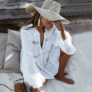 Dames Katoenen Strandkleding Strandclub Witte Kanten Cover Up Tops Witte Strandshirts