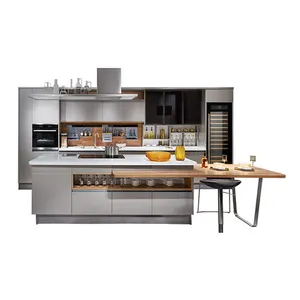 OPPOLIA灰色光泽橱柜直线厨房家具与岛屿现代E1公寓漆厨房水槽玻璃