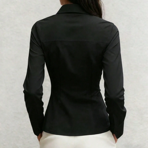 Blusa Corsé Elegante de Satén Negro para Mujer, <span class=keywords><strong>Camisa</strong></span> de Manga Larga con Botones y Detalle de Pliegues Delanteros para Oficina y Negocios - Product Image 2