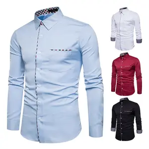 Solid Red White New Fashion Design Sleeve Collar Placket Contrast TC Spandex Comfortable Men's Long Sleeve Shirts