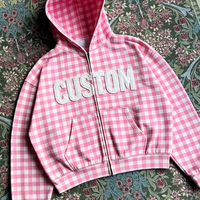 Sweat à capuche zippé court pour homme, coupe ample, en coton French Terry, avec logo personnalisé, motif Gingham rose et blanc