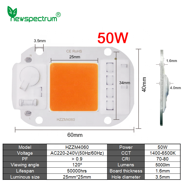 220v 50w Led Cob Chip 60 Hz For Hydroponic Flowers Greenhouse
