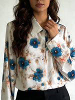 Chemise à manches longues à imprimé floral pour femmes, chemisier 100% coton, respirant, vintage, asymétrique, pour un usage quotidien décontracté