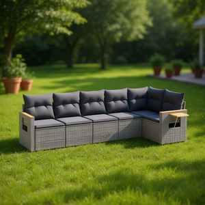 Conjunto de Sofás de Jardín de Ratán Moderno, 6 Plazas, Muebles de Mimbre para Exteriores, Diseño Contemporáneo, Color Gris - Product Image 2