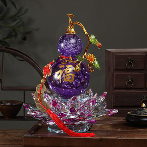Crystal Gourd <b>Ornament</b> Glass Purple Yellow With Lotus Base Home Decoration Gift - Product Image 3
