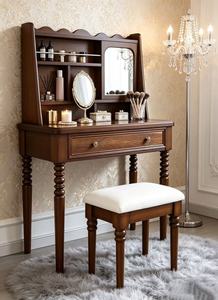 Retro Turned Leg Solid Wood Dressing <b>Table</b> <b>Set</b>, Brown Vanity Desk with Open Storage Rack & Side Mirror + Cushioned <b>Stool</b> for Bed - Product Image 6