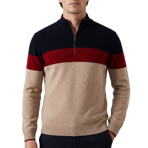 OEM Custom Mens 100% Merino Wool Long Sleeve Casual <b>Pullover</b> Sweater Color Block <b>Pullover</b> <b>Jumper</b> Quarter Zip Sweatshirt - Product Image 4