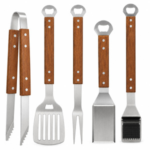 Ensemble d'outils de barbecue en acier inoxydable avec manches en bois de haute qualité, accessoires de barbecue, logo gravé personnalisé - Product Image 1