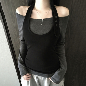 Conjunto de Dos Piezas con Top Halter de Manga Larga y Hombros Descubiertos, Estilo Colorblock, Cintura Ajustada, Estilo Europeo Americano, Sexy, Elegante y Versátil - Product Image 5